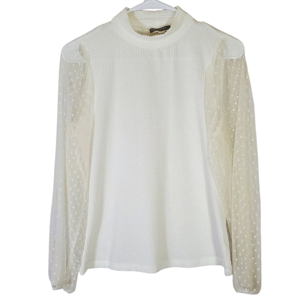 2156 * Pleione Dotted Sheer Sleeve Top Ivory Cream Size S
